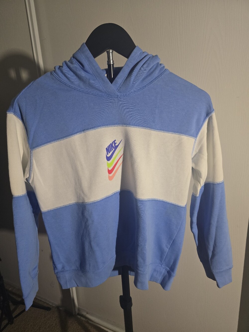 Kids Nike Light Blue & White Hoodie with Rainbow Swoosh